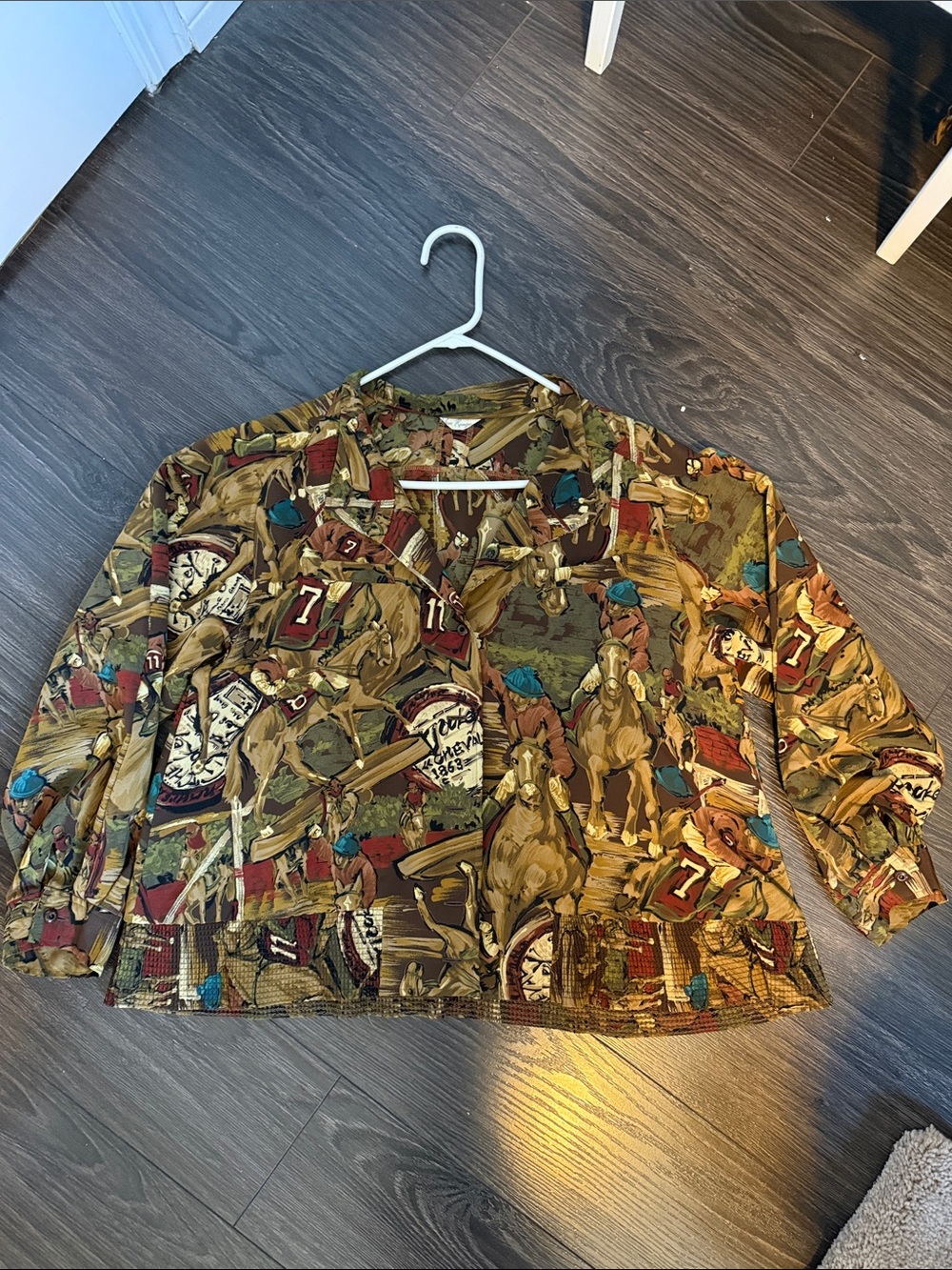 Vintage Silky Brown and Teal Horse Racing Print Shirt